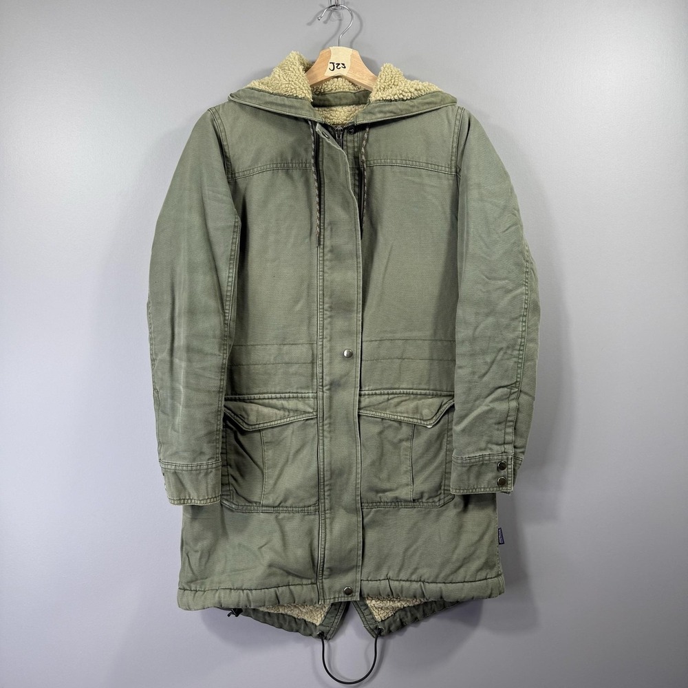 Patagonia Coat Womens XS Green Hooded Canvas Sherpa Lined Parka Mid Length